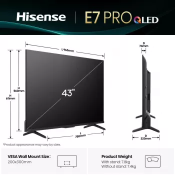 Hisense 43E77Q PRO 109,2 cm (43 tolli) 4K Ultra HD Smart TV Wi-Fi Must