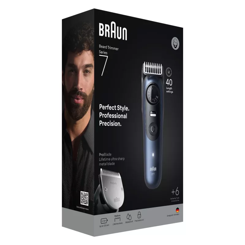 Braun BeardTrimmer 7 BT7520 Aku 40 2 cm Märg ja kuiv Must, Sinine