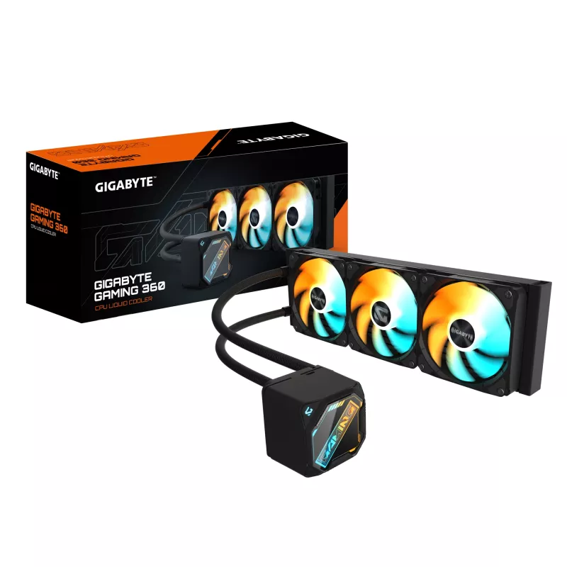 GIGABYTE GAMING 360 vedelik-CPU-jahuti – 3x120 mm ARGB-ventilaatorit, klõpsatav lukustusmehhanism, ahelühendus, ühildub Intel LGA 1851 ja AMD AM5 pesadega