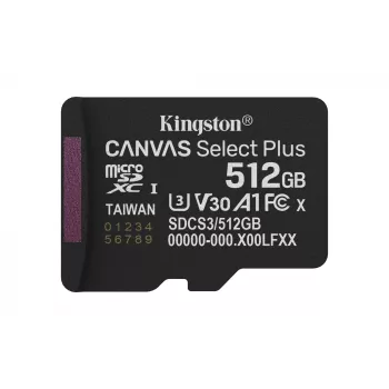 Kingston Technology 512GB micSDXC Canvas Select Plus Gen3 150R A1 üksikpakend w/o ADP
