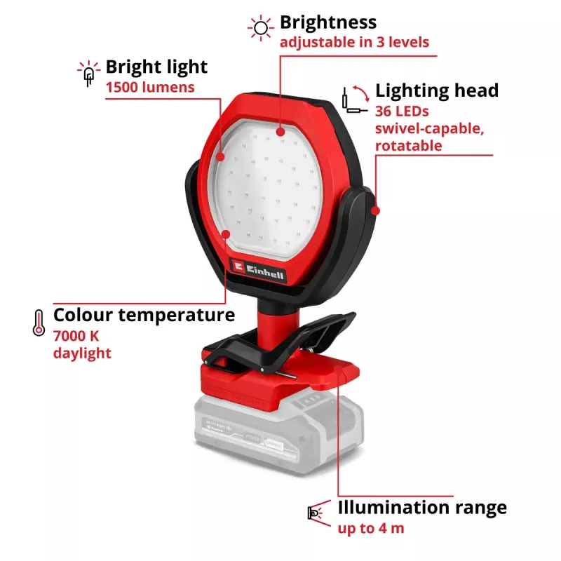 Juhtmeta välilamp EINHELL GC-OL 18/1500 Li‑Solo — LED-valgusti, aku ja laadija ei kuulu tarnekomplekti