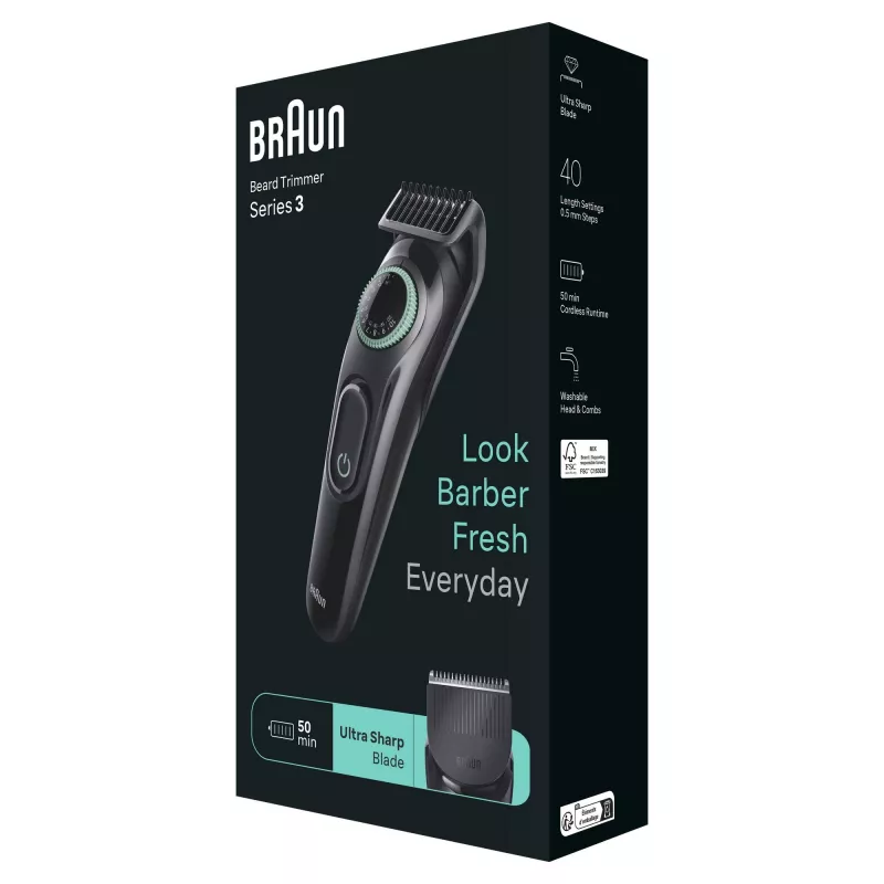 Braun BeardTrimmer 3 BT3411 Aku 40 2 cm Must, Roheline