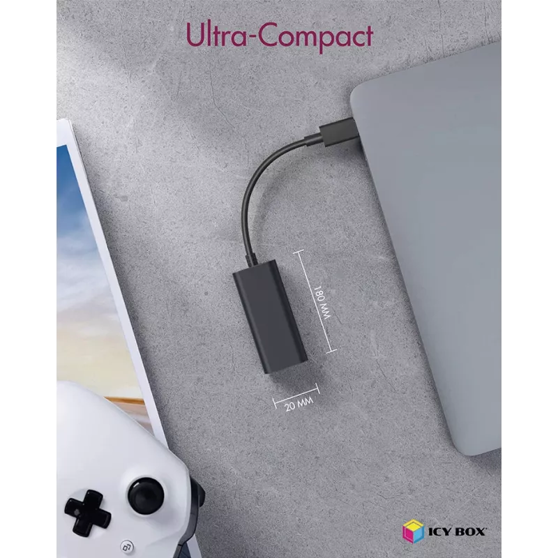 ICY BOX USB 3.0 A-tüüpi RJ-45 Etherneti port, juhtmega, USB, Ethernet, 1000 Mbit/s, must