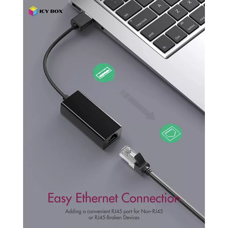 ICY BOX USB 3.0 A-tüüpi RJ-45 Etherneti port, juhtmega, USB, Ethernet, 1000 Mbit/s, must