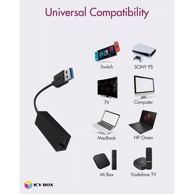 ICY BOX USB 3.0 A-tüüpi RJ-45 Etherneti port, juhtmega, USB, Ethernet, 1000 Mbit/s, must