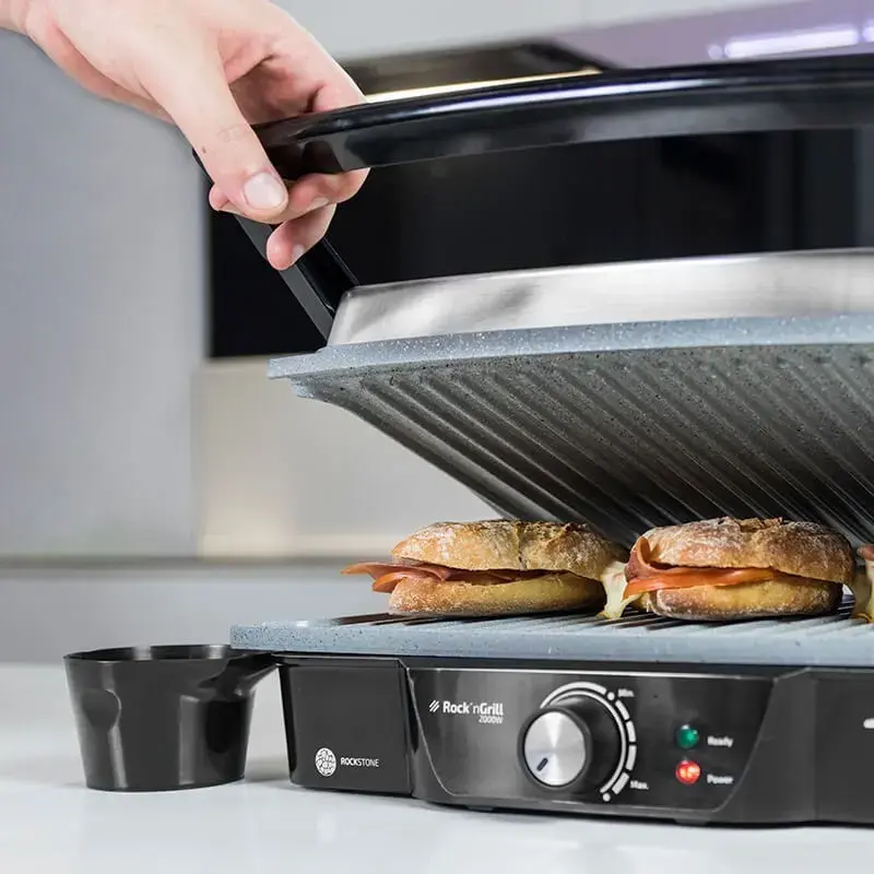 Kontaktgrill CECOTEC Rock'nGrill 2000 — 2000 W, ristkülikukujuline, must/roostevaba teras, reguleeritav termostaat, 340×330×130 mm