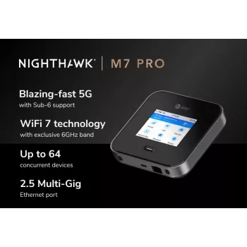 Mobiilside ruuter Netgear Nighthawk M7 Pro — kolmeribaline Wi‑Fi 2.4/5/6 GHz, 5G Sub6, LTE, Gigabit Ethernet, USB-C, kaasaskantav, must