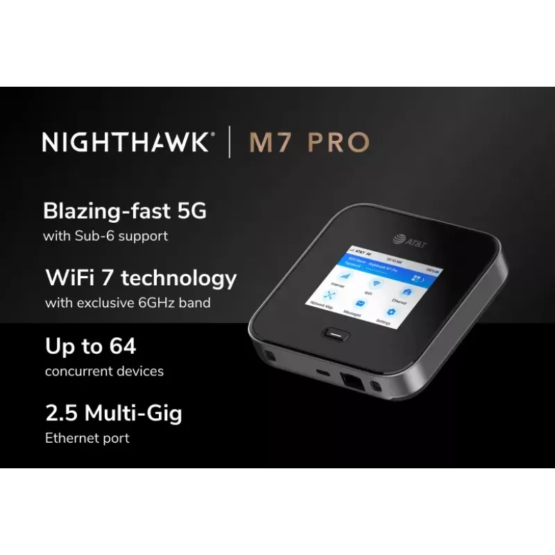 Mobiilside ruuter Netgear Nighthawk M7 Pro — kolmeribaline Wi‑Fi 2.4/5/6 GHz, 5G Sub6, LTE, Gigabit Ethernet, USB-C, kaasaskantav, must
