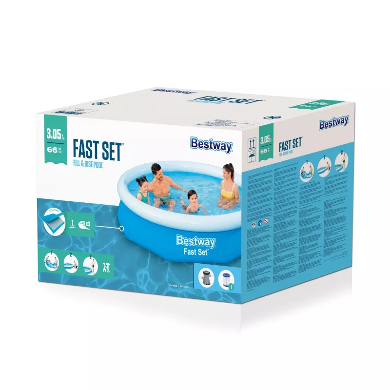 Bestway Fast Set ümmargune täispuhutav basseinikomplekt 3,05 m x 66 cm, 3200 L, Täispuhutav bassein, Laps ja täiskasvanu, Sinine, Valge, 9,26 kg
