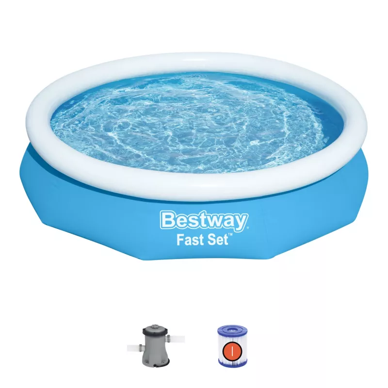 Bestway Fast Set ümmargune täispuhutav basseinikomplekt 3,05 m x 66 cm, 3200 L, Täispuhutav bassein, Laps ja täiskasvanu, Sinine, Valge, 9,26 kg