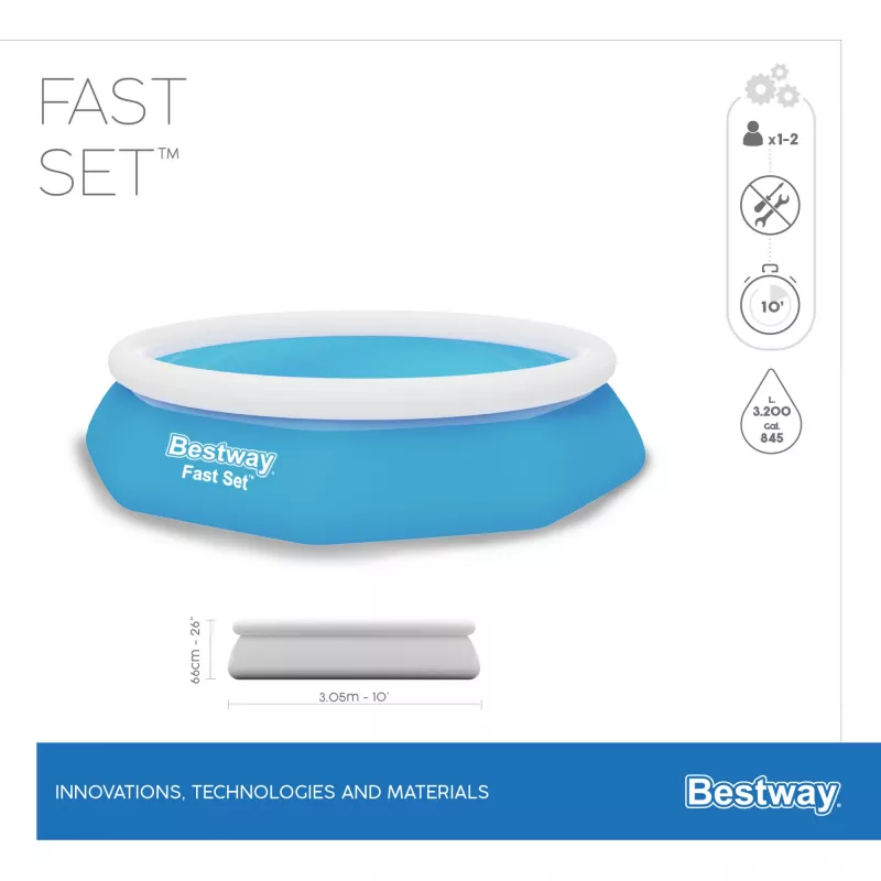 Bestway Fast Set ümmargune täispuhutav basseinikomplekt 3,05 m x 66 cm, 3200 L, Täispuhutav bassein, Laps ja täiskasvanu, Sinine, Valge, 9,26 kg