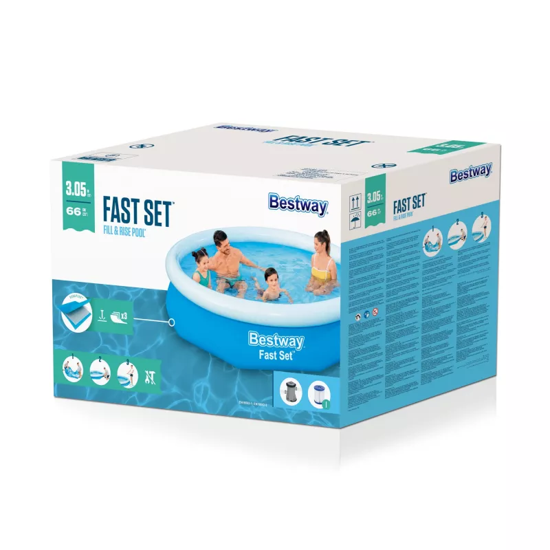 Bestway Fast Set ümmargune täispuhutav basseinikomplekt 3,05 m x 66 cm, 3200 L, Täispuhutav bassein, Laps ja täiskasvanu, Sinine, Valge, 9,26 kg