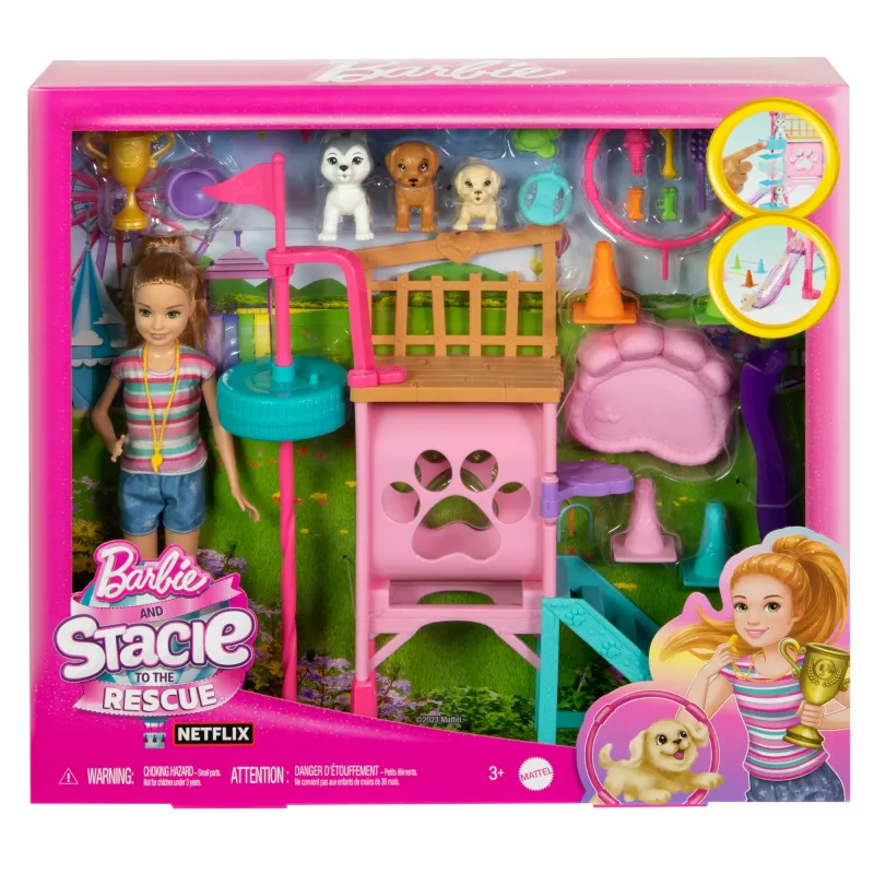 Barbie and Stacie to the Rescue kutsikate mänguväljaku komplekt nuku, 3 koerafiguuri ja aksessuaaridega