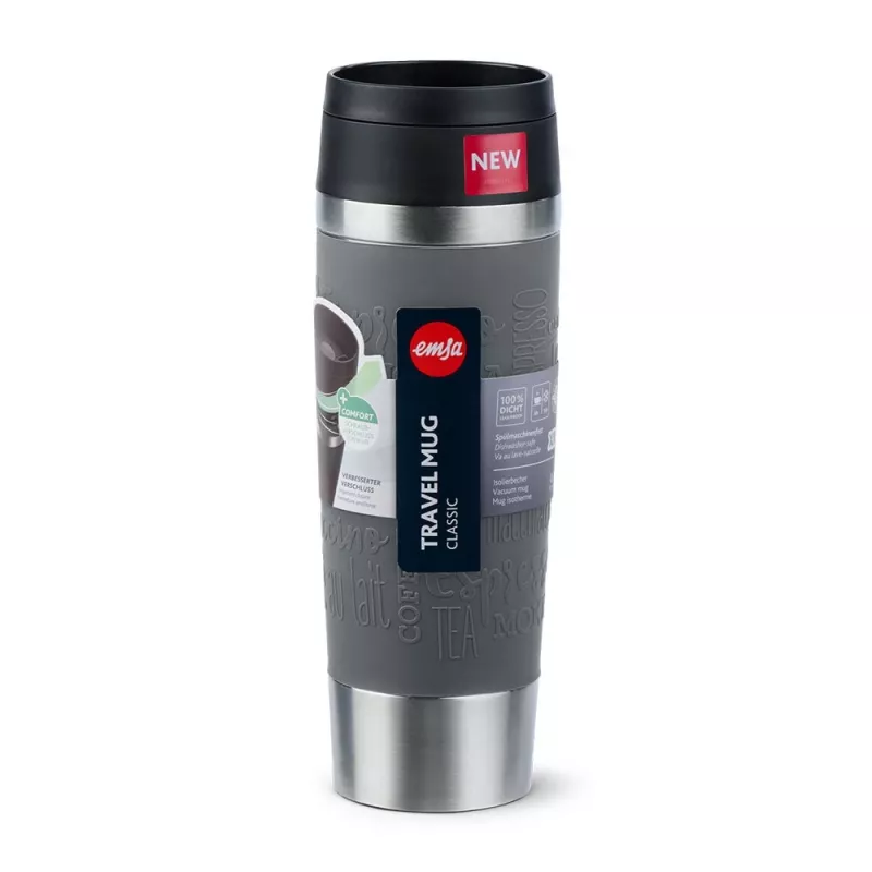 Reisikruus EMSA Classic Grande 500 ml — Hall roostevaba teras, silikoonkate, polüpropüleenist kaas, Ø 8,3 cm × 240 mm