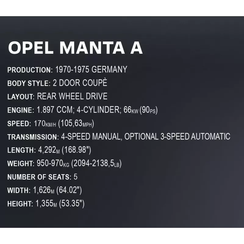 Ehitusmänguasi Cobi Opel Manta A 1970 1:12 mõõtkavas mudel, klotsikomplekt