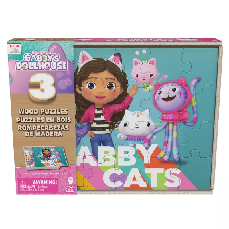 Mängud Gabby's Dollhouse, 3 puidust puslet 24-tükised pusled puidust hoiukarbiga lastele, eelkooliealistele alates 3. eluaastast