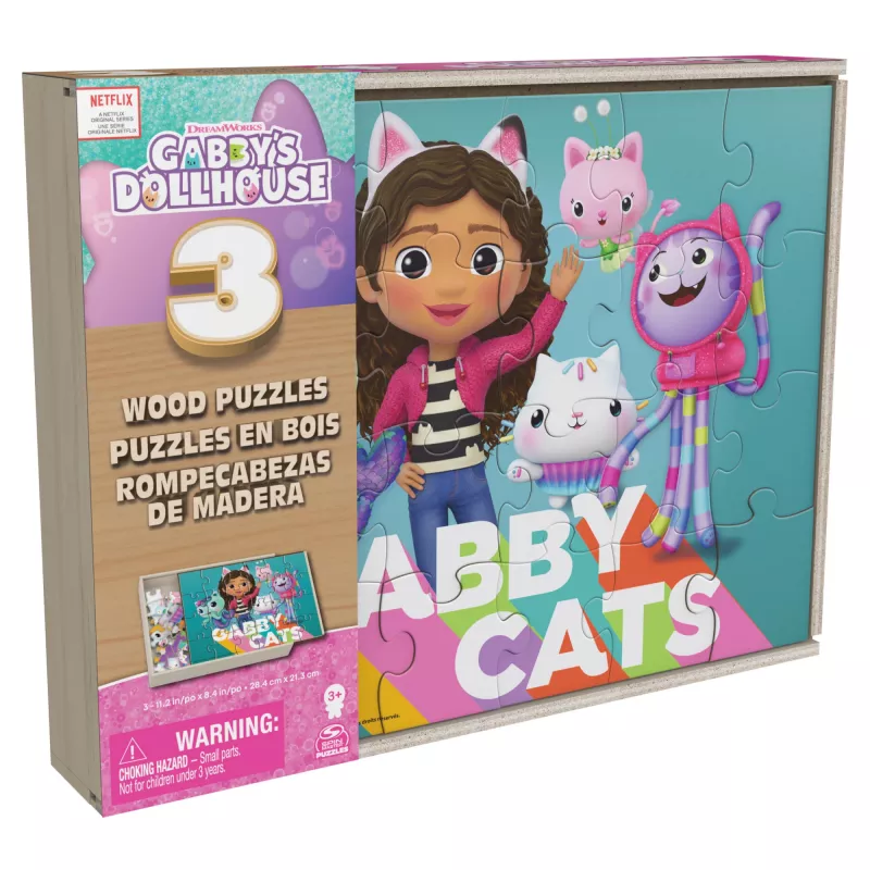 Mängud Gabby's Dollhouse, 3 puidust puslet 24-tükised pusled puidust hoiukarbiga lastele, eelkooliealistele alates 3. eluaastast
