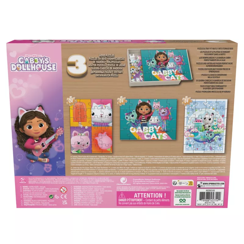 Mängud Gabby's Dollhouse, 3 puidust puslet 24-tükised pusled puidust hoiukarbiga lastele, eelkooliealistele alates 3. eluaastast