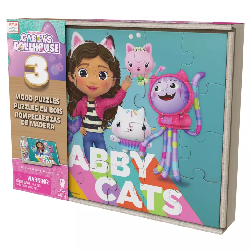 Mängud Gabby's Dollhouse, 3 puidust puslet 24-tükised pusled puidust hoiukarbiga lastele, eelkooliealistele alates 3. eluaastast