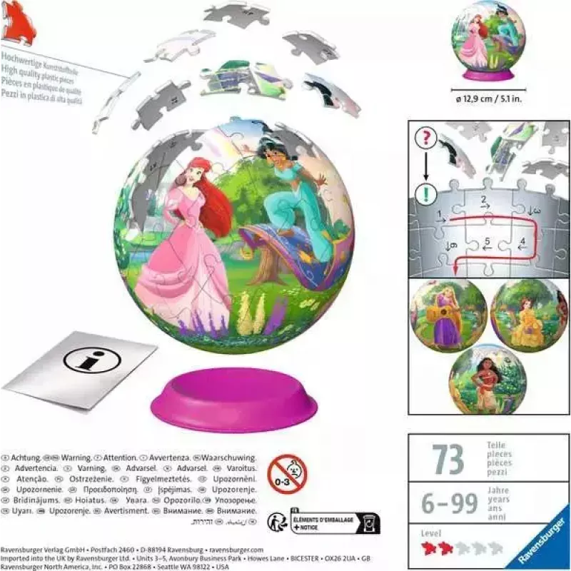 3D puslepall Ravensburger Disney printsess – 72 tükki, sfääriline puslemudel