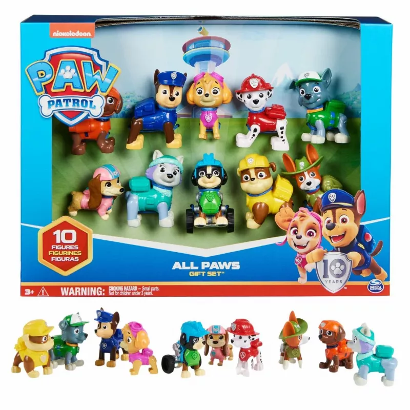 PAW Patrol, 10. aastapäev, Kõik käpad tekil mängufiguuride kinkekomplekt 10 kogutava tegevusfiguuriga, laste mänguasjad alates 3. eluaastast
