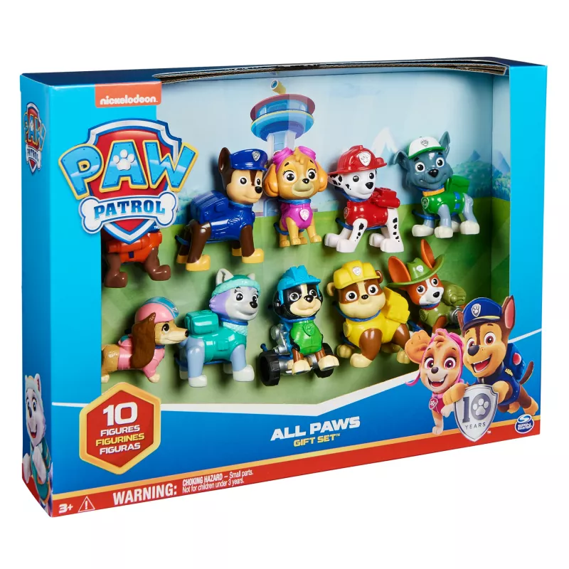 PAW Patrol, 10. aastapäev, Kõik käpad tekil mängufiguuride kinkekomplekt 10 kogutava tegevusfiguuriga, laste mänguasjad alates 3. eluaastast