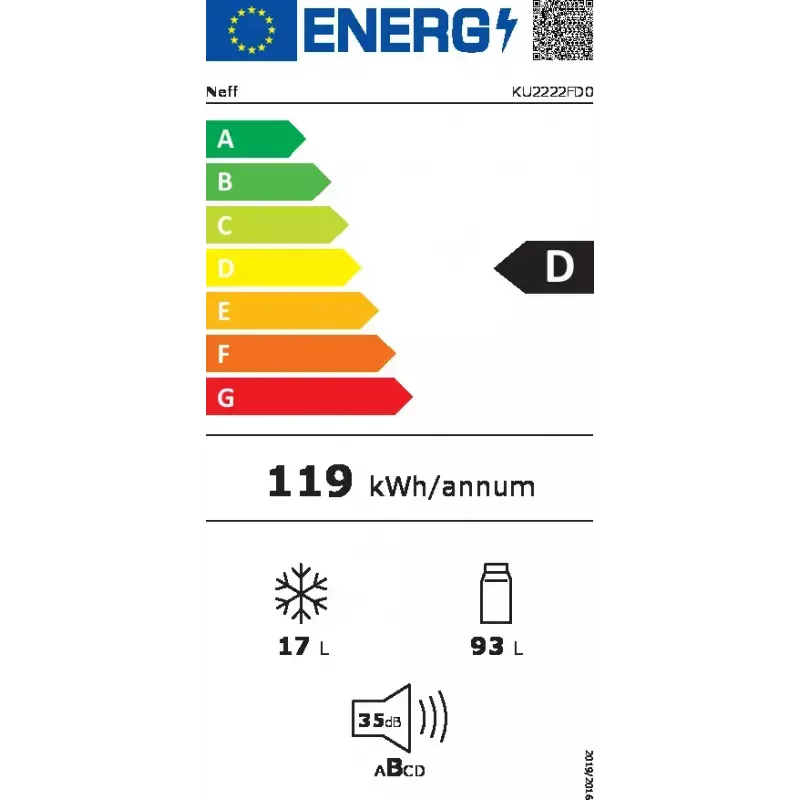 Alusletikapp NEFF KU2222FD0 110 L (Külmik 93 L / Sügavkülmik 17 L) valge, parempoolse uksehingega
