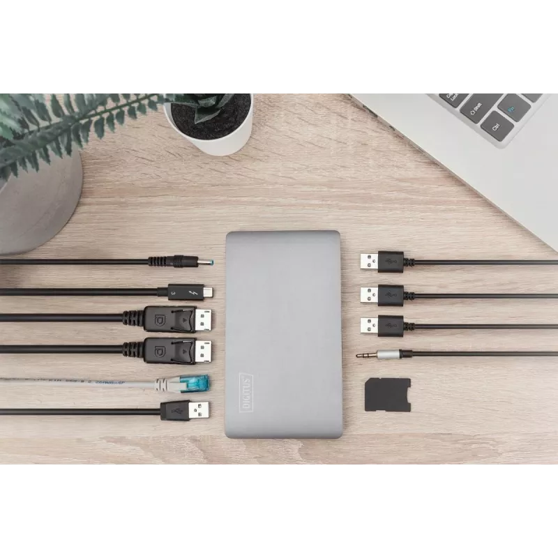 DIGITUS dokkimisjaam USB-C - 2x USB USB-C / 2x USB 3.0 10Gbps / USB 3.0 5Gpbs / 2x DP / Gbe / micro SD / SD / 3,5 mm - 60 W USB-toiteedastus