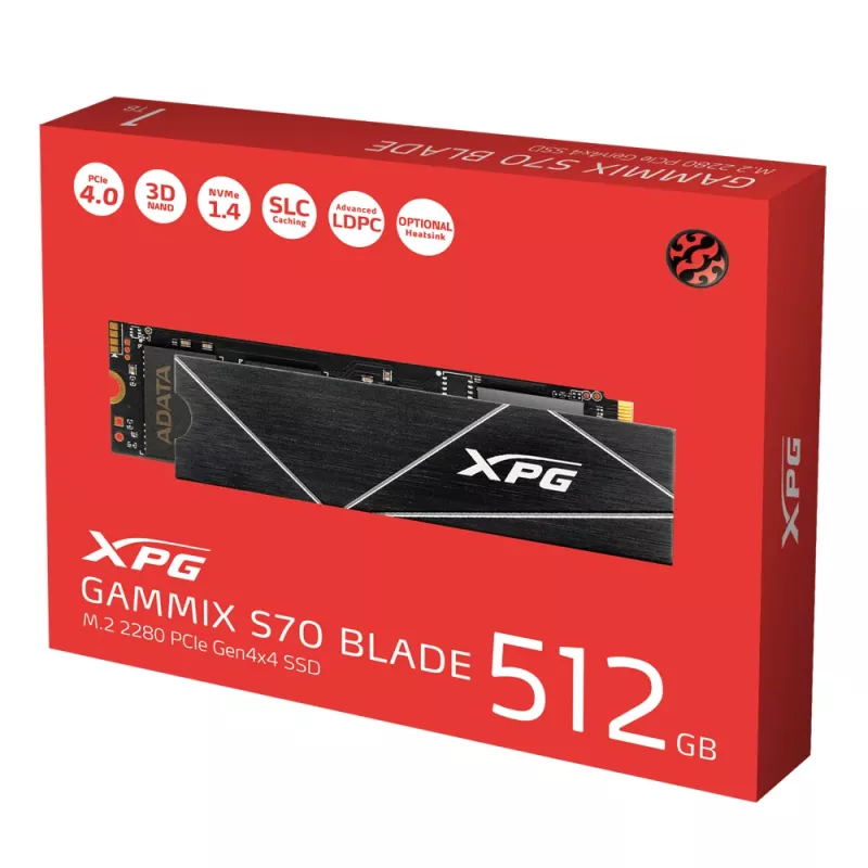 SSD M.2 512 GB ADATA XPG GAMMIX S70 BLADE — PCIe 4.0 NVMe, lugemine 7400 MB/s, kirjutamine 2600 MB/s