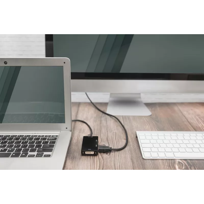 DIGITUS ASSMANN DisplayPort-üleminekukaabel, DP - HDMI+DVI+VGA M-F/F/F, 20 cm, 3-in-1 multimeediakaabel, CE, must