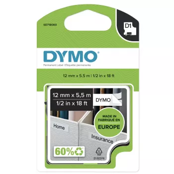 DYMO D1 suure jõudlusega püsivad polüestersildid | 12 mm x 5,5 m rull | Must trükk valgel | Isekleepuvad sildid LabelManageri etiketiprinteritele | Autentsed