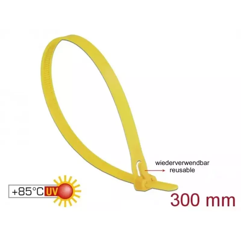 Taasavaldatav kaabliside DELOCK 18761 — nailon, 300 mm x 7,6 mm, kollane, 100 tk