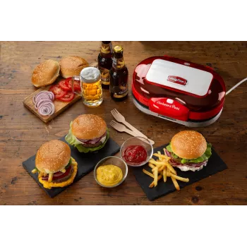 Ariete 205 Hamburger Maker Party Time, hamburgerimasin, 1200 W, topelt mittenakkuvad plaadid, 2 kambrit, lihtne puhastada, punane