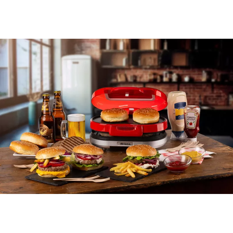 Ariete 205 Hamburger Maker Party Time, hamburgerimasin, 1200 W, topelt mittenakkuvad plaadid, 2 kambrit, lihtne puhastada, punane