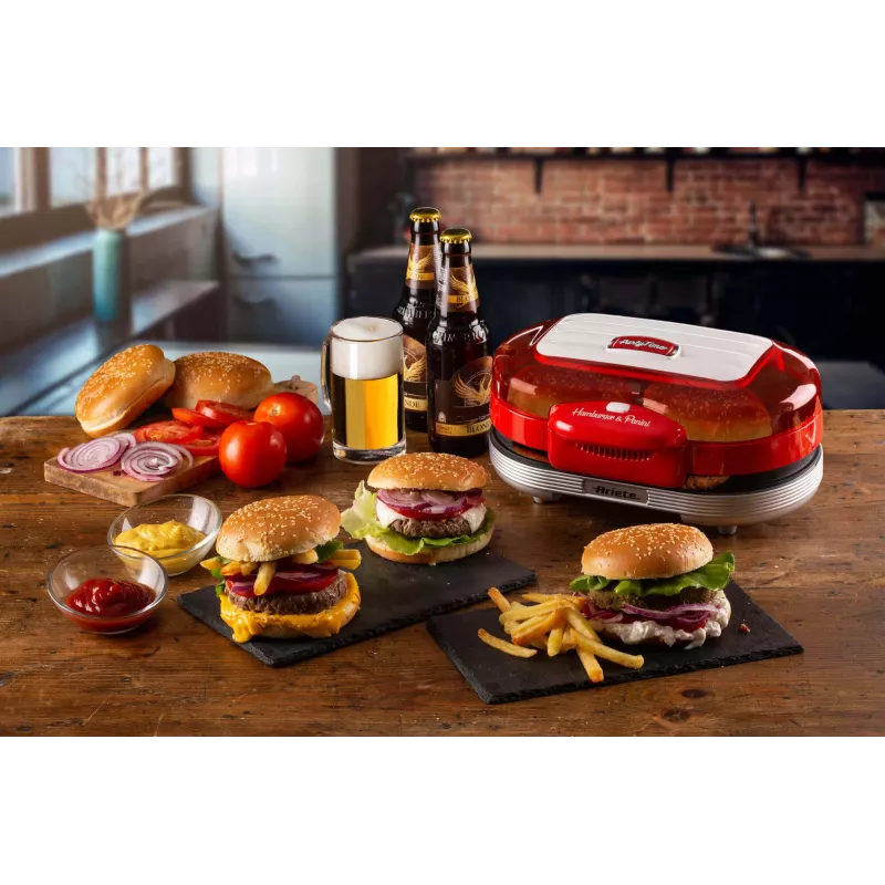 Ariete 205 Hamburger Maker Party Time, hamburgerimasin, 1200 W, topelt mittenakkuvad plaadid, 2 kambrit, lihtne puhastada, punane