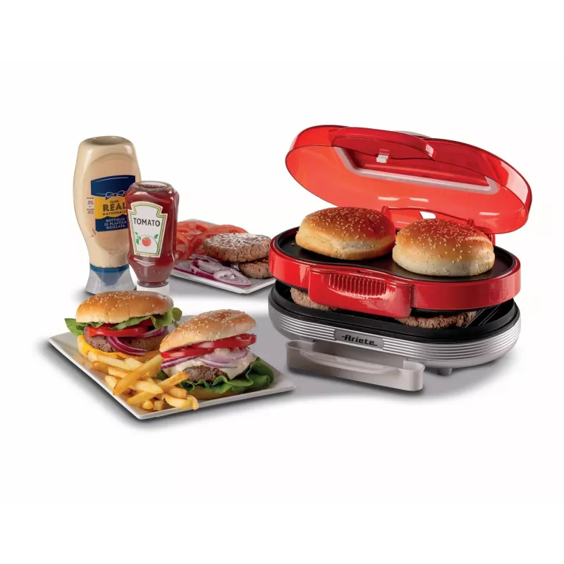 Ariete 205 Hamburger Maker Party Time, hamburgerimasin, 1200 W, topelt mittenakkuvad plaadid, 2 kambrit, lihtne puhastada, punane