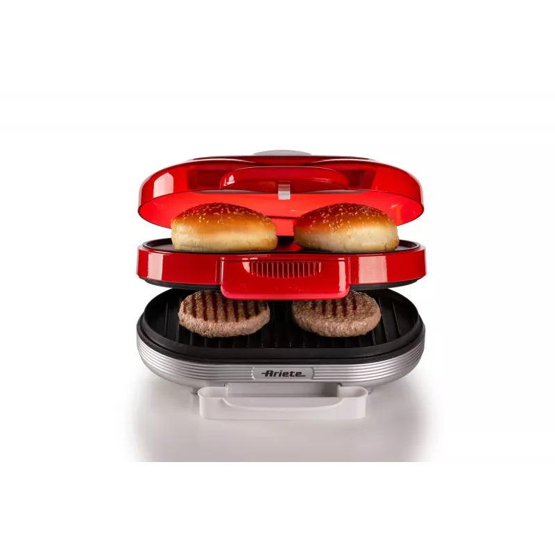 Ariete 205 Hamburger Maker Party Time, hamburgerimasin, 1200 W, topelt mittenakkuvad plaadid, 2 kambrit, lihtne puhastada, punane