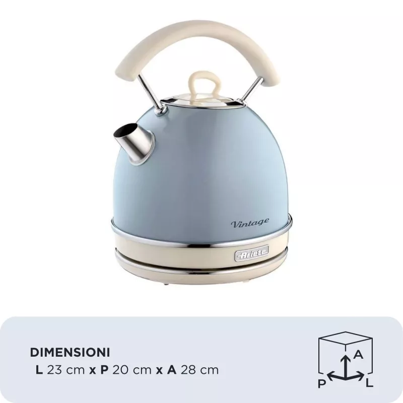 Ariete 2877 Veekeetja Vintage, 1,7L, juhtmeta, sinine, 1,7 L, 2000 W, helesinine, veetaseme indikaator, juhtmeta, filtreerimine
