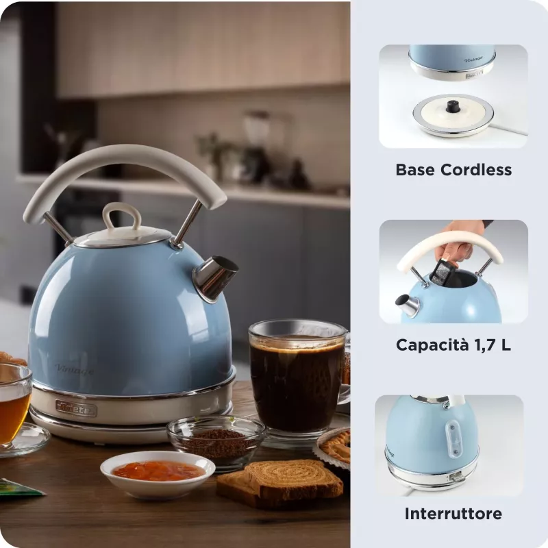 Ariete 2877 Veekeetja Vintage, 1,7L, juhtmeta, sinine, 1,7 L, 2000 W, helesinine, veetaseme indikaator, juhtmeta, filtreerimine