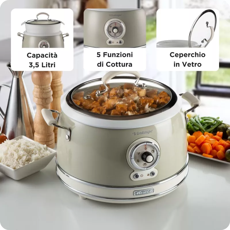Ariete 2904 riisikeetja – elektriline riisikeetja keraamilise nõuga – kodune sushi – multikeetja – Vintage Line – 3,5 l – 650 W – beež