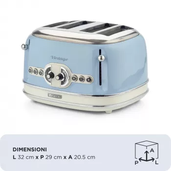 Ariete 156 4-kohaline vintage röster, 1600 W, 6 röstimisastet, roostevabast terasest pastelsinises värvitoonis, ilma võileivakorvideta. Sinine
