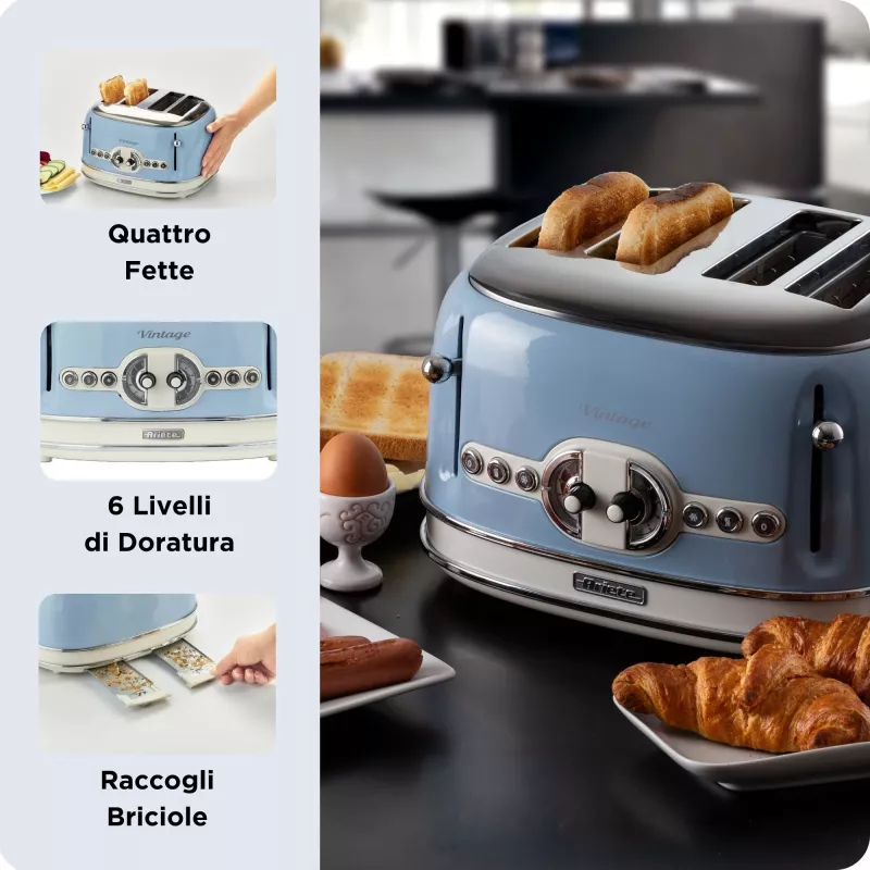Ariete 156 4-kohaline vintage röster, 1600 W, 6 röstimisastet, roostevabast terasest pastelsinises värvitoonis, ilma võileivakorvideta. Sinine