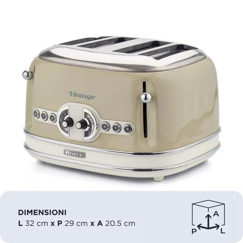 Ariete 156 4-kohaline vintage röster, 1600 W, 6 röstimisastet, roostevabast terasest pastellbeež värv, ilma võileivakorvideta