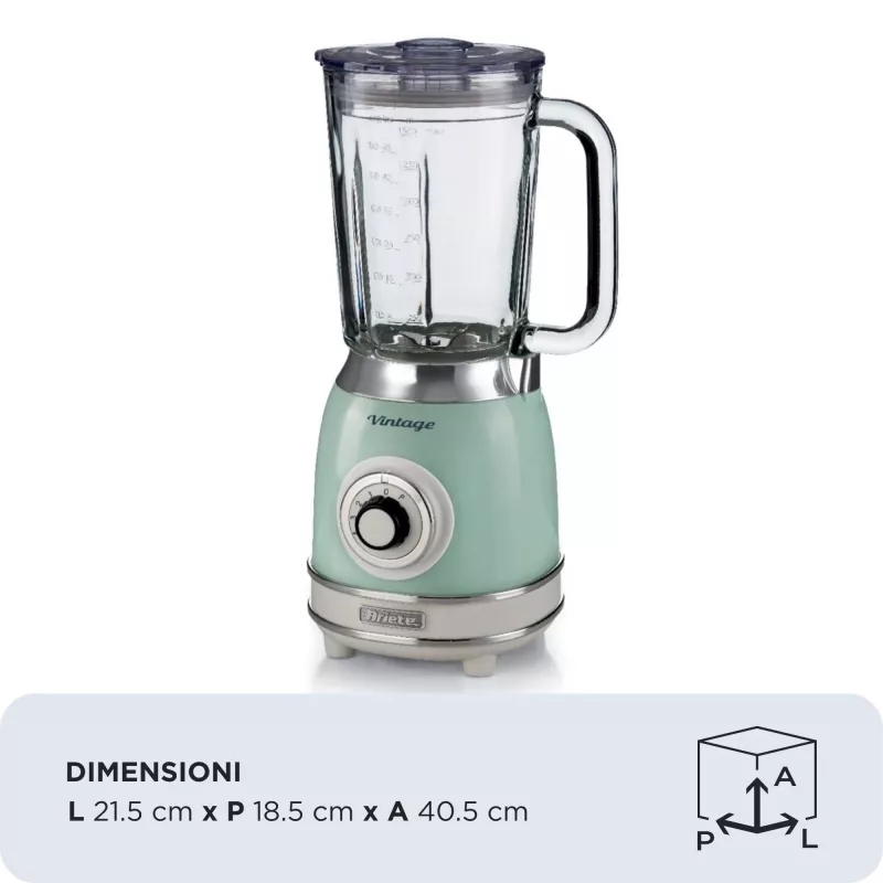 Ariete 583, Vintage blender 1,5-liitrise klaaskannu, 4 roostevabast terasest tera, 4 kiirust + impulss, 1000 W, roheline