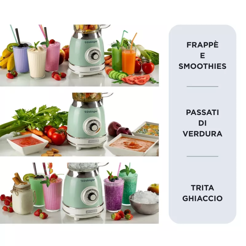 Ariete 583, Vintage blender 1,5-liitrise klaaskannu, 4 roostevabast terasest tera, 4 kiirust + impulss, 1000 W, roheline