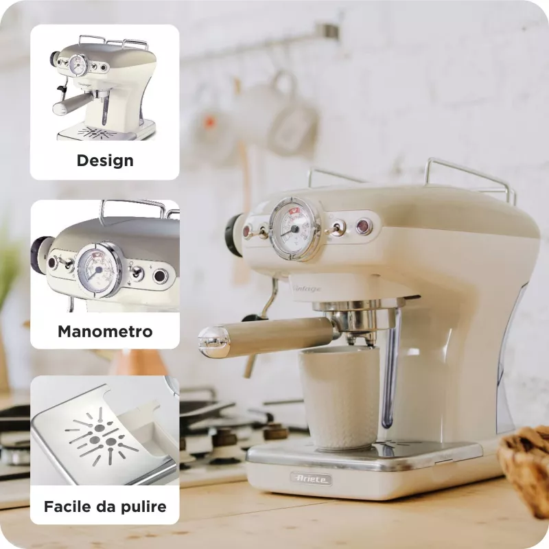 Ariete 1389 Vintage Espresso kohvimasin - Espresso kohvimasin jahvatatud kohvile või ESE kapslitele, pastellbeežis värvitoonis