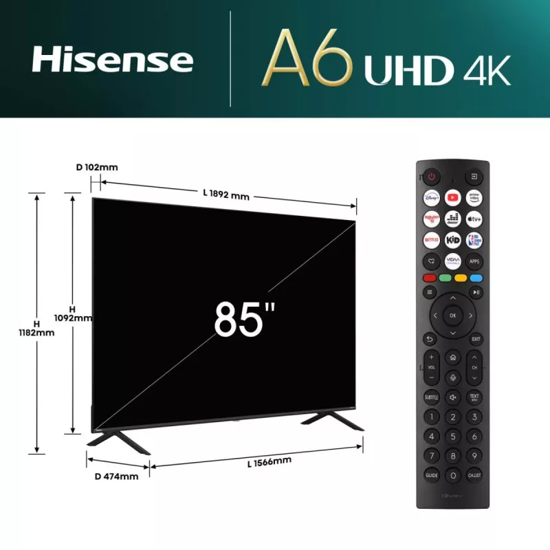 Hisense 85E6NT 2.16 m (85 tolli) 4K Ultra HD nutiteler Wi-Fi must 400 cd/m²