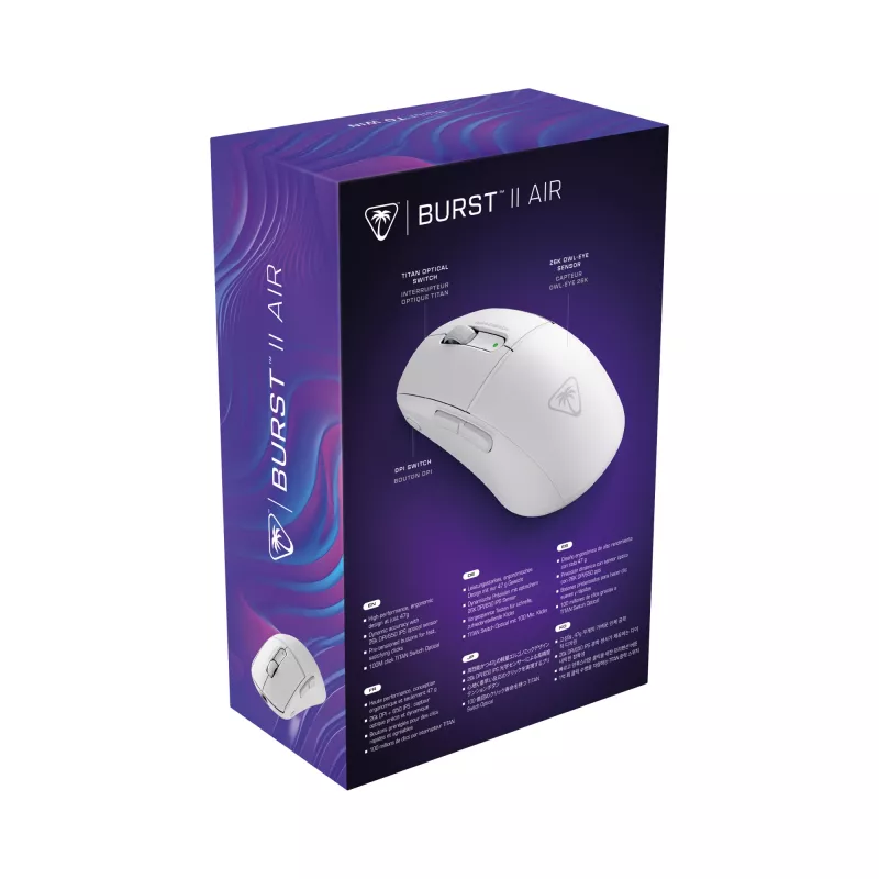 Turtle Beach Burst II Air Valge – 2.4GHz juhtmevaba mängurihiir: 47g ülikerge, optilised lülitid, 26K DPI optiline sensor, Bluetooth, 120h aku