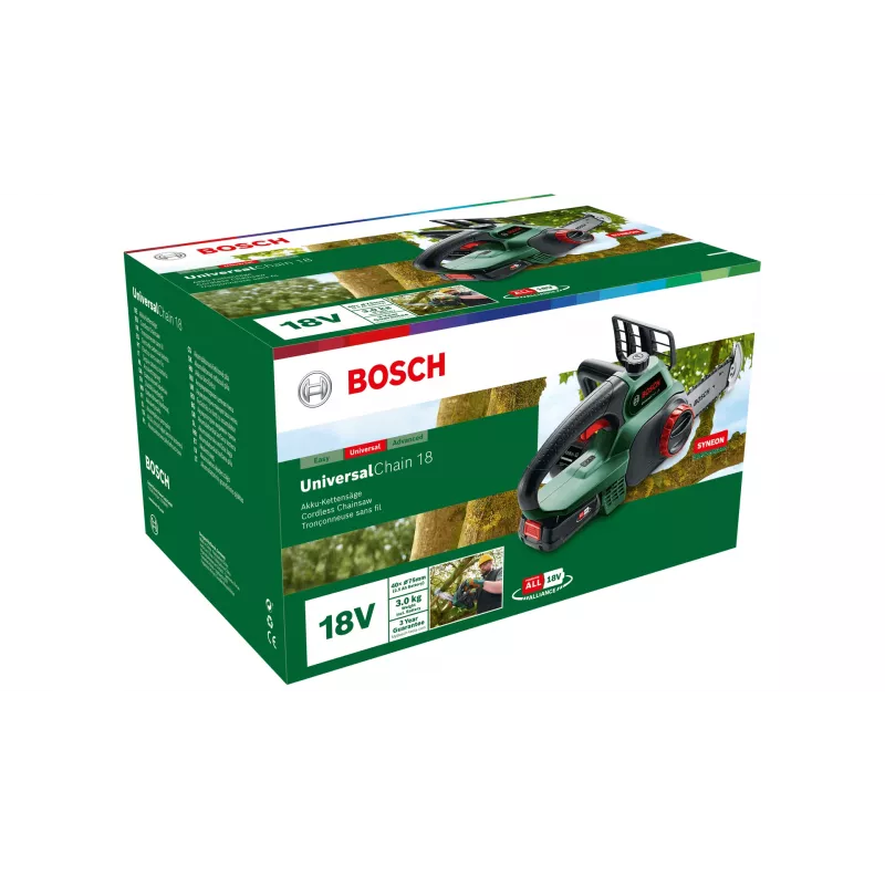 Juhtmeta kettsaag Bosch UniversalChain 18 — 13,5 cm ketilatt, 20 cm lõiketera, 2,5 Ah aku, 3 kg