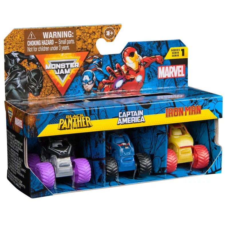 Monster Jam, Marvel Mini Monster Truck 3-pakk, Must Panther, Captain America, Iron Man survevalust monsterautod, mõõtkava 1:87, laste mänguasjad poistele alates 3. eluaastast